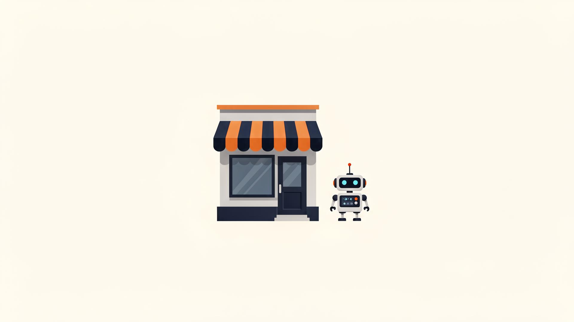 Editorial illustration of a small neighbourhood shop with a friendly robot assistant at the door.