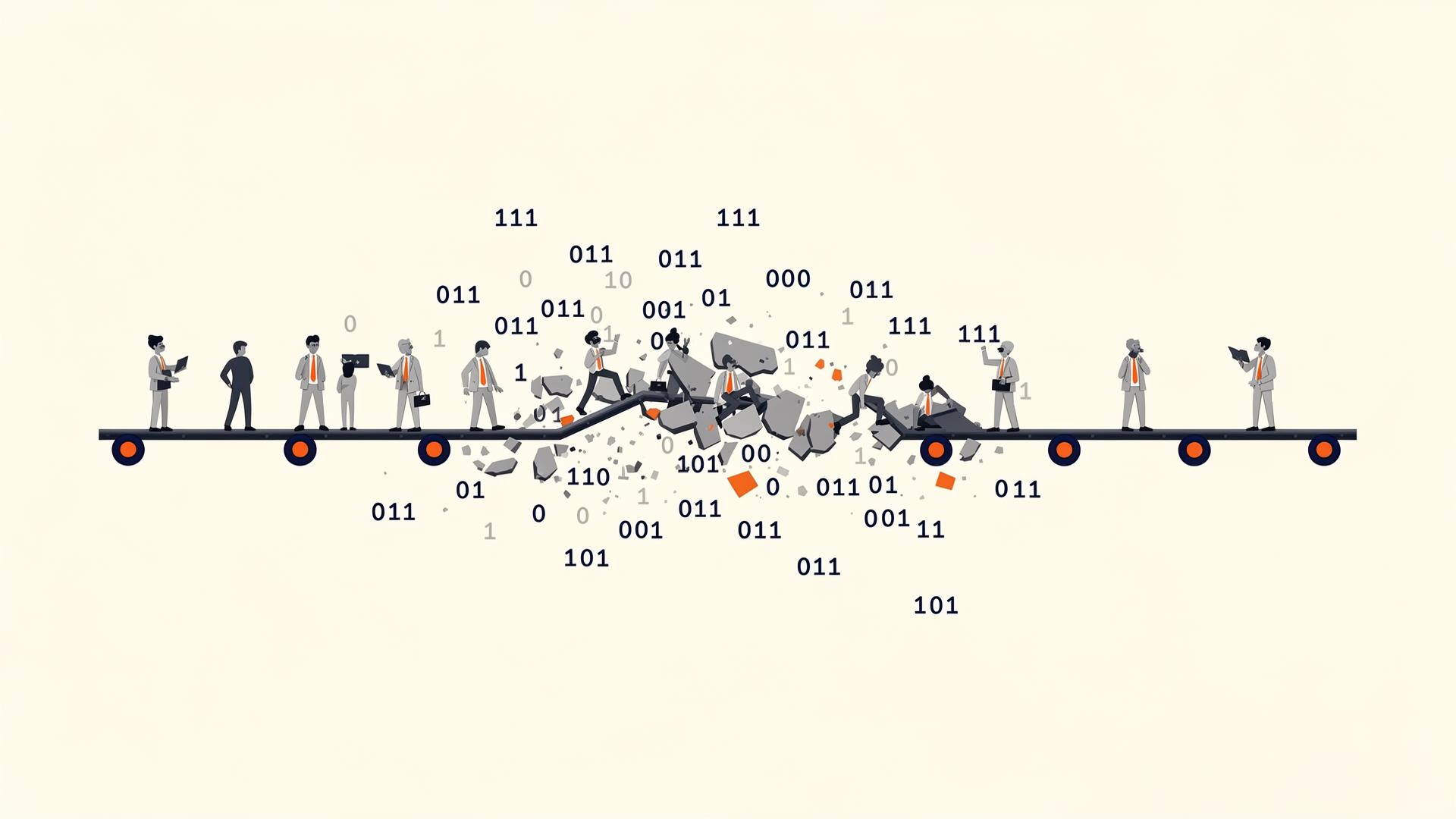 Editorial illustration of consultants and binary code symbolising the broken IT services model.