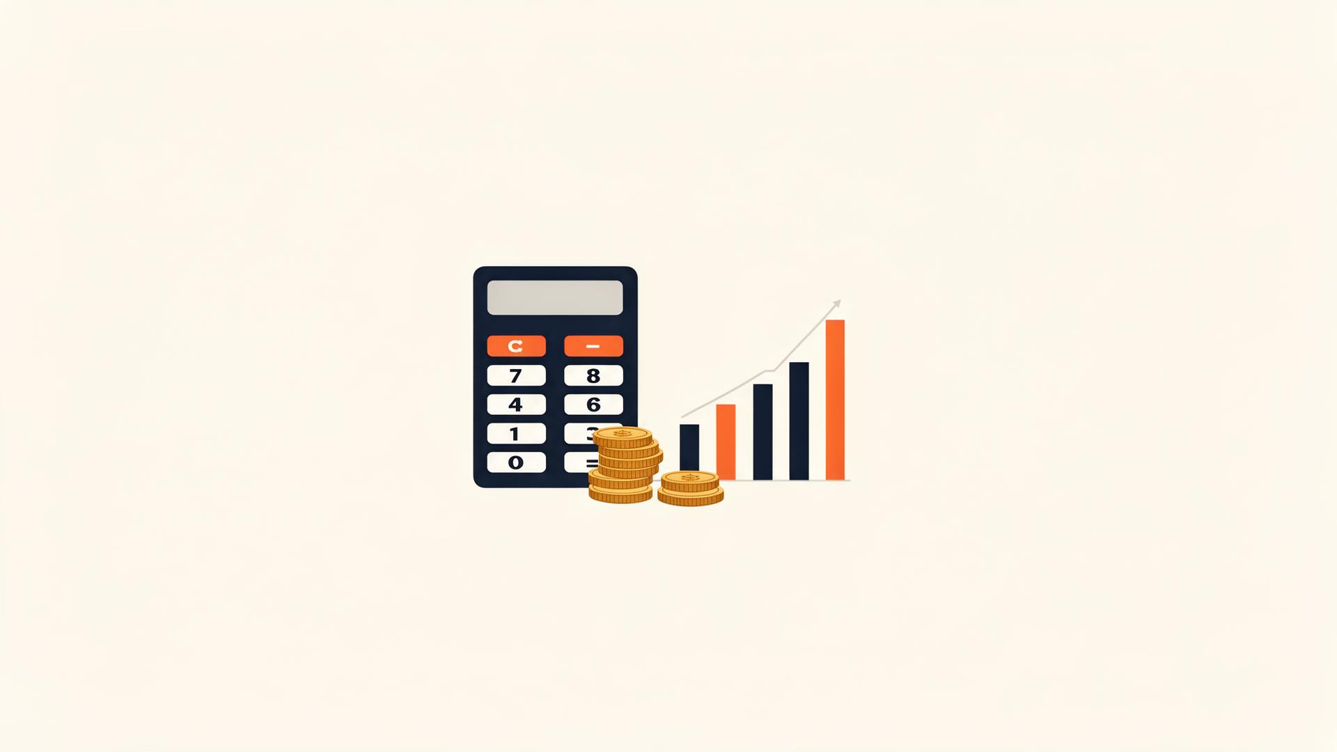Editorial illustration of a calculator, bar chart and coins representing a CFO running an AI calculation.