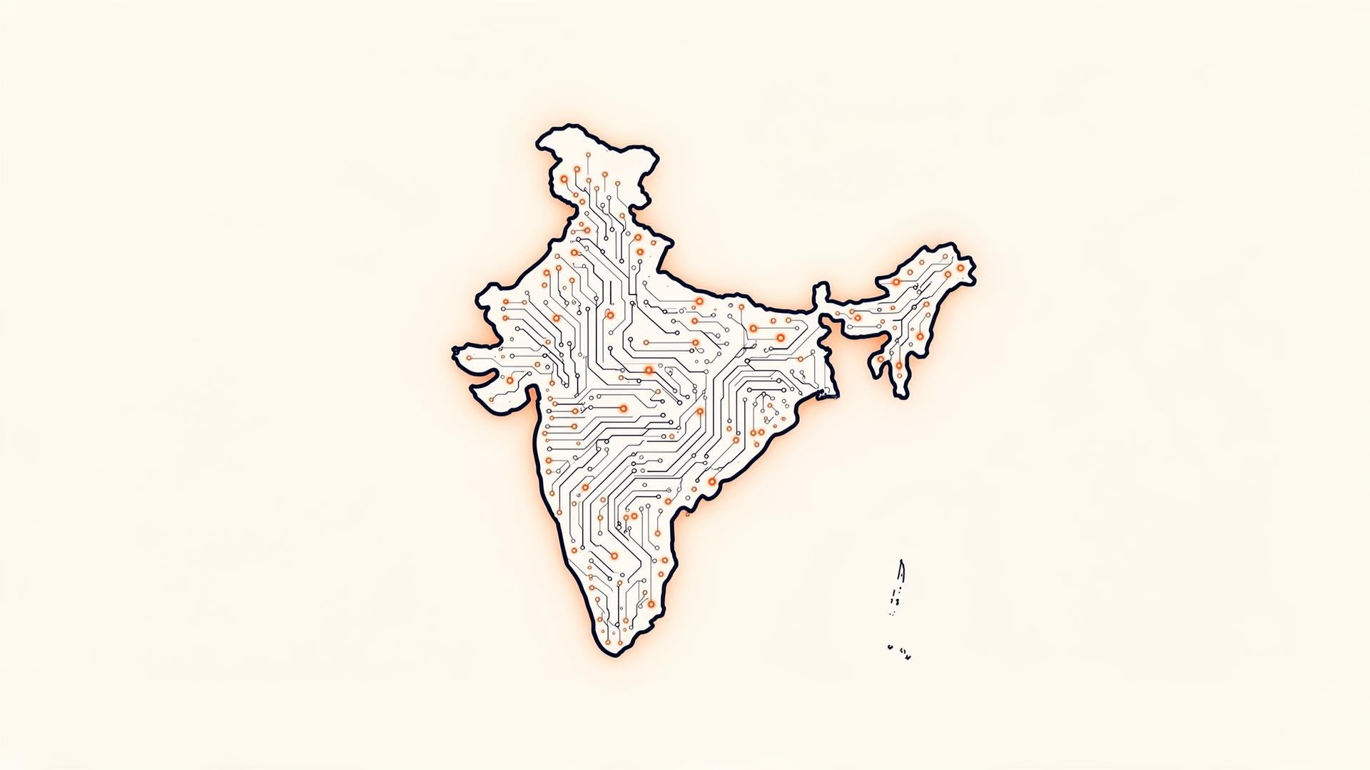 Editorial illustration of the map of India rendered as a glowing circuit board with a rising arrow.