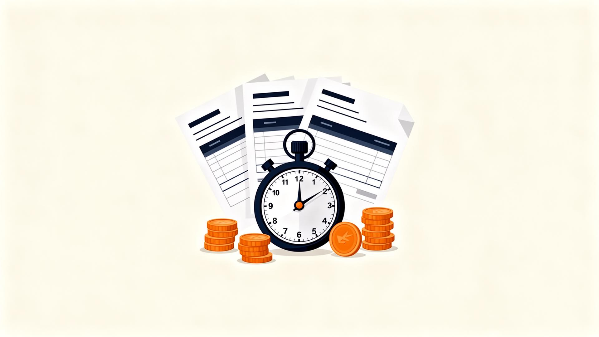 Editorial illustration of a stopwatch with invoices spilling out, symbolising man-hour billing.